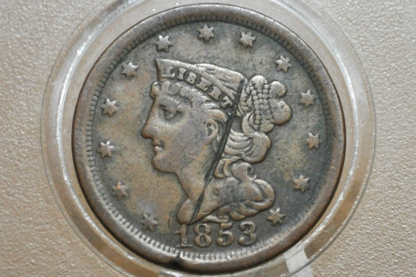 1853 Half Cent - VF Details, Damaged - Braided Hair Half Cent 1853 Half Penny, Low Price!