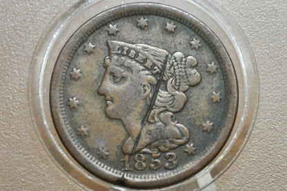 1853 Half Cent - VF Details, Damaged - Braided Hair Half Cent 1853 Half Penny, Low Price!