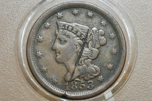 1853 Half Cent - VF Details, Damaged - Braided Hair Half Cent 1853 Half Penny, Low Price!