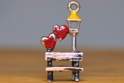 Silver Lovers Park Bench Charm - Tested Sterling Silver - Double Hearts - Valentines Charm