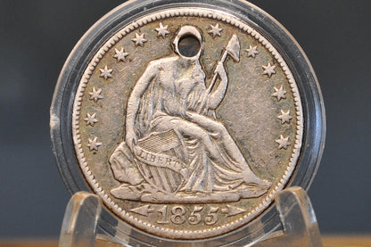 1855 Seated Liberty Half Dollar - XF Detail, Holed - Cool Jewelry Piece - 1855 Half Dollar