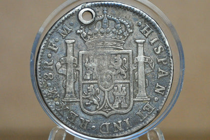 1796 Spanish 8 Reales - XF, Holed - Spanish Silver Colonial Era Coin - 1796 FM - Carolus IIII - 1796 Eight Reales Mexico Silver