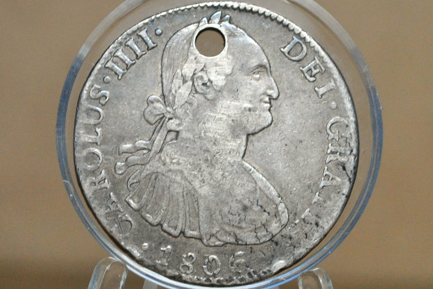 1806 Spanish 8 Reales - XF, Holed - Spanish Silver Colonial Era Coin - 1806 FM - Carolus IIII - 1806 Eight Reales Mexico Silver