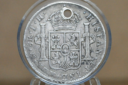 1806 Spanish 8 Reales - XF, Holed - Spanish Silver Colonial Era Coin - 1806 FM - Carolus IIII - 1806 Eight Reales Mexico Silver