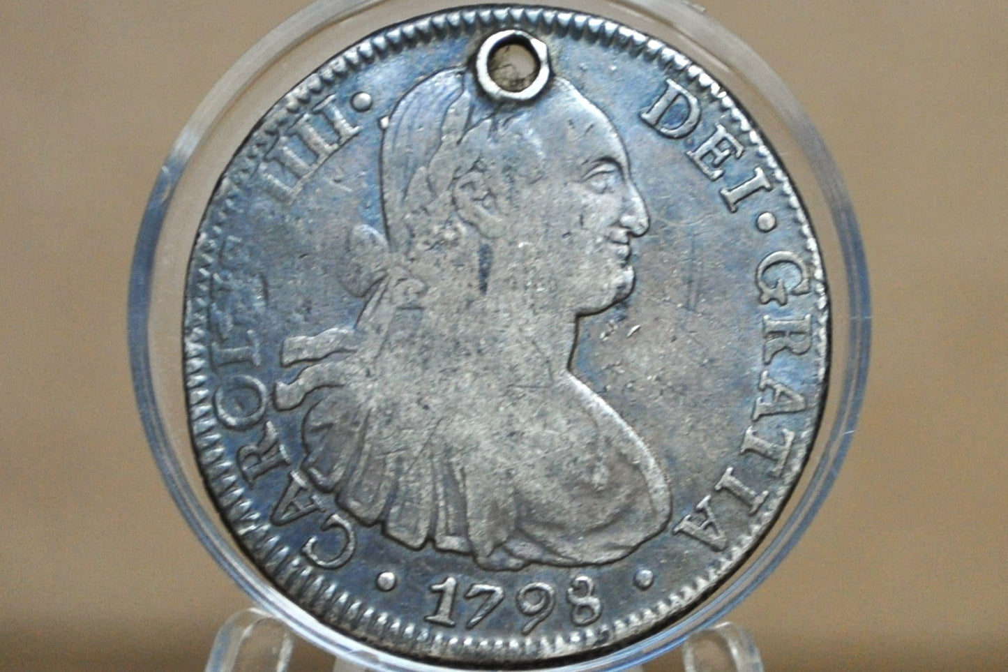 1798 Spanish 8 Reales - XF, Holed - Spanish Silver Colonial Era Coin - 1798 FM - Carolus IIII - 1796 Eight Reales Mexico Silver