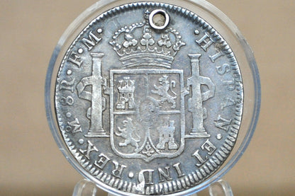 1798 Spanish 8 Reales - XF, Holed - Spanish Silver Colonial Era Coin - 1798 FM - Carolus IIII - 1796 Eight Reales Mexico Silver