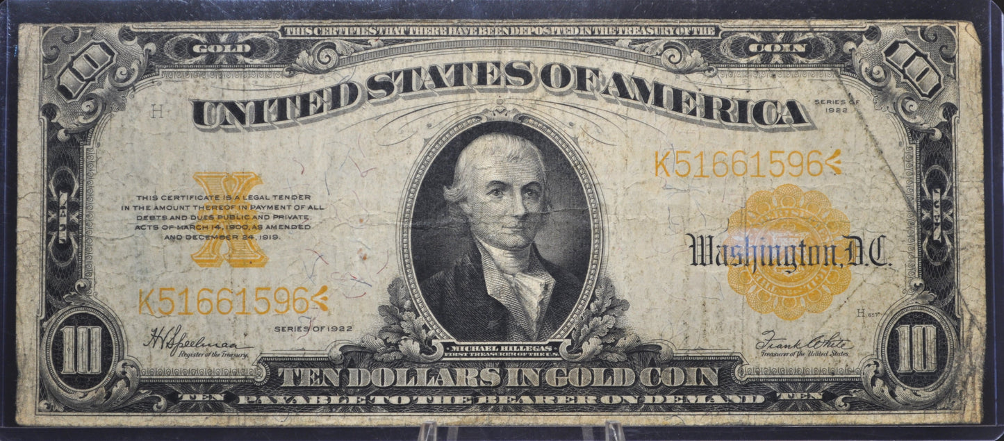 1922 10 Dollar Gold Certificate Fr#1173 - F (Fine) - Horseblanket Ten Dollar Gold Cert Fr Number 1173 Speelman / White Signed