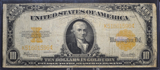 1922 10 Dollar Gold Certificate Fr#1173 - F (Fine) - Horseblanket Ten Dollar Gold Cert Fr Number 1173 Speelman / White Signed