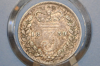 1859 Threepence Great Britain 3 Pence Silver - AU Grade / Condition - UK 3 Pence Silver 1859 - Queen Victoria / Victorian Era