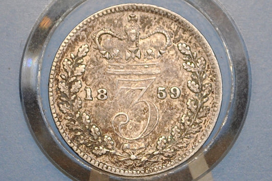 1859 Threepence Great Britain 3 Pence Silver - AU Grade / Condition - UK 3 Pence Silver 1859 - Queen Victoria / Victorian Era