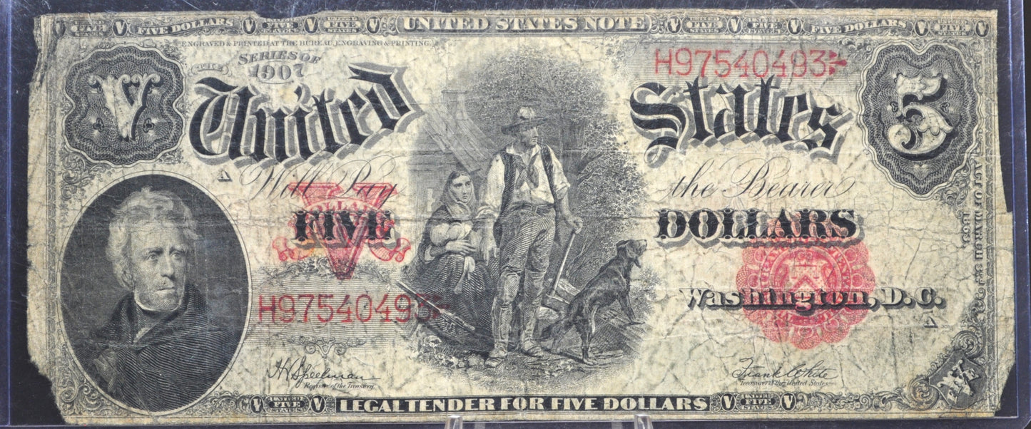 1907 5 Dollar United States Note, Woodchopper Note! Fr#91, G/VG Grade/Cond. 1907 Series Woodchopper 5 Dollar Bill Large Size 1907 Horseblanket
