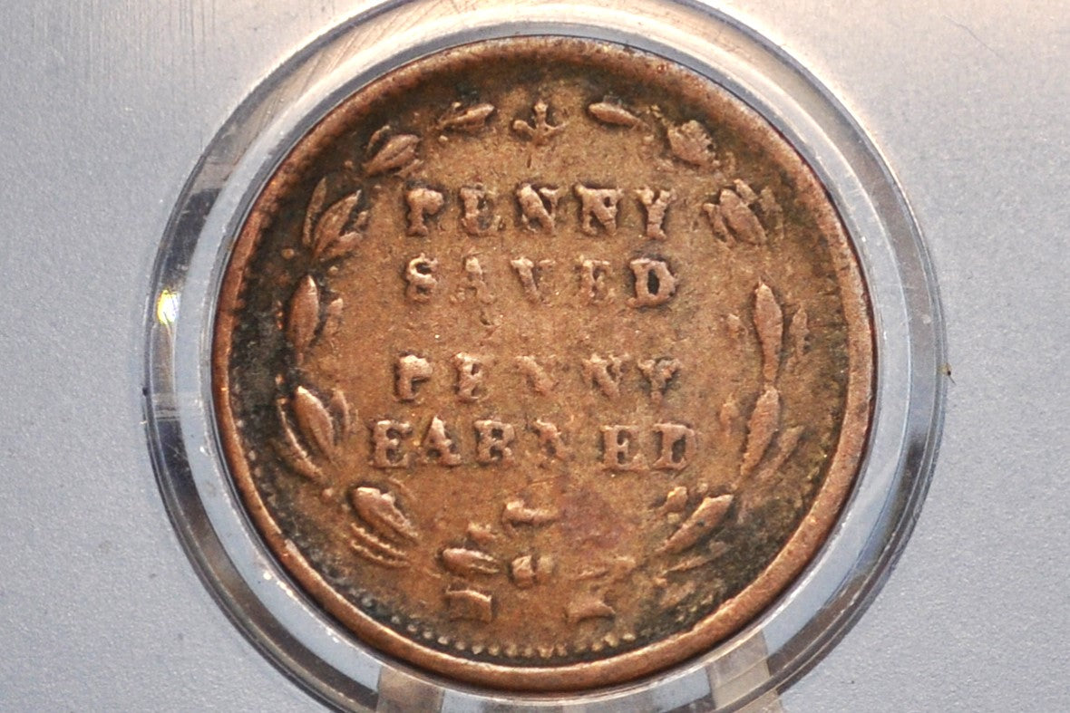 1863 Civil War Token - Penny Saved Penny Earned - Awesome CWT - Patriotic Civil War Tokens, United States Copper