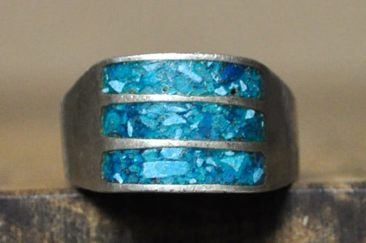Southwest Native Striped Turquoise Inlay Ring - Size 10 - Stamped and Tested Sterling Silver - Zuni Turquoise Jewelry