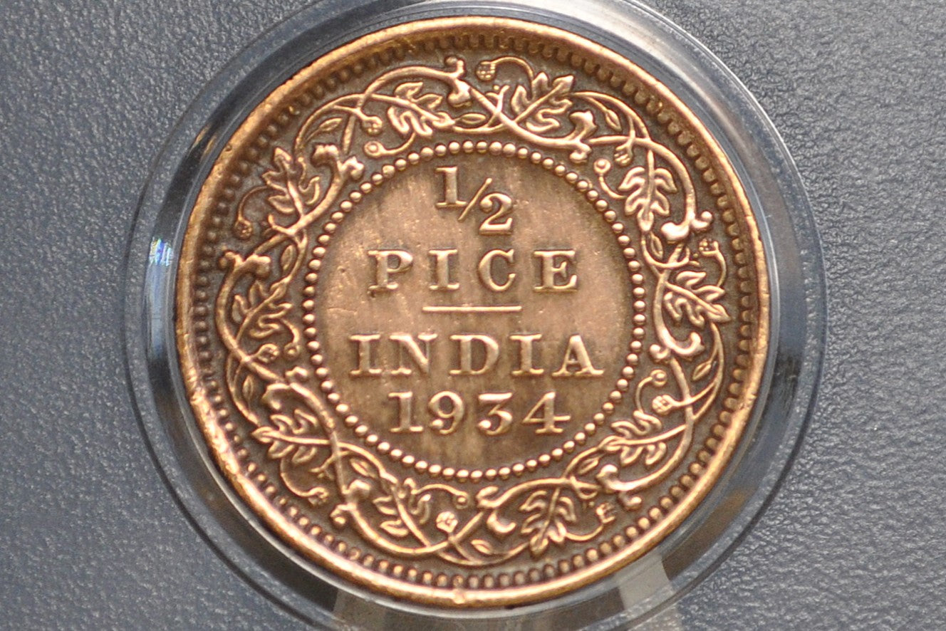 India 1/2 Pice 1934 - XF - 1934 India 1/2 Paisa- British India One Hal ...