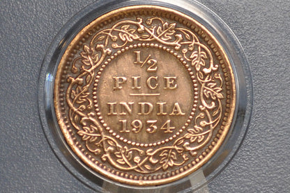 India 1/2 Pice 1934 - XF - 1934 India 1/2 Paisa- British India One Half Piece, High Grade, Great Coin