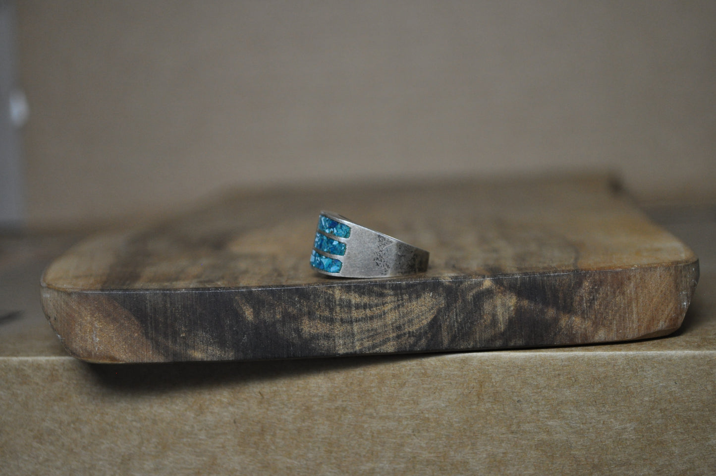 Southwest Native Striped Turquoise Inlay Ring - Size 10 - Stamped and Tested Sterling Silver - Zuni Turquoise Jewelry