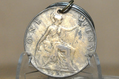 Antique Genuine 1903 British One Penny Coin Keychain - Authentic Britannia 1903 Coin History Gift