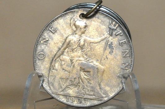 Antique Genuine 1903 British One Penny Coin Keychain - Authentic Britannia 1903 Coin History Gift
