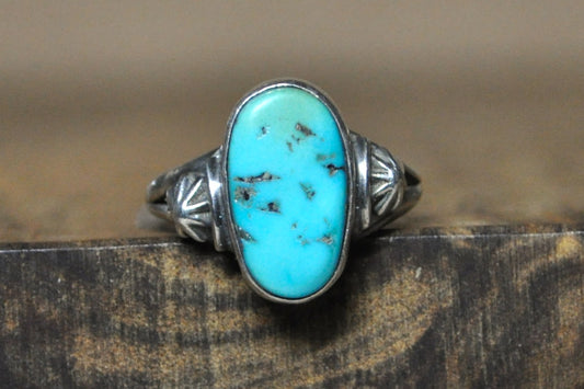 Running Bear Sterling Silver Turquoise Ring - Size 8 (Made Adjustable) - Stamped and Tested Sterling Silver - Authentic Native American Jewelry
