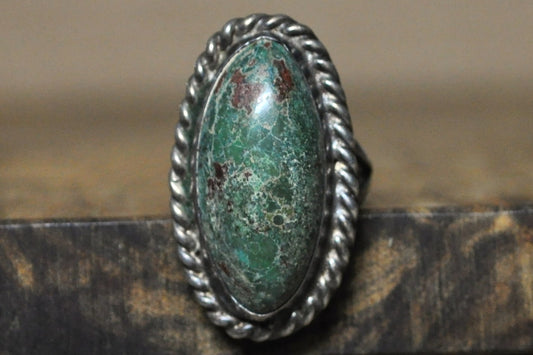 Stunning Oval Cut Chrysocolla Twisted Rope Bezel Ring - Size 5.5 - Stamped and Tested Sterling Silver - Large Stone Ring