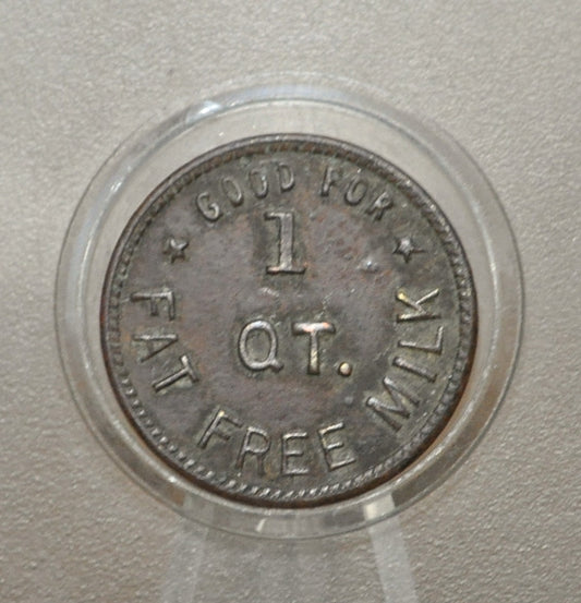 West End Dairy 1 Quart Fat Free Milk - Antique Dairy Good For Token - One Quart Fat Free Milk Dairy Trade Token