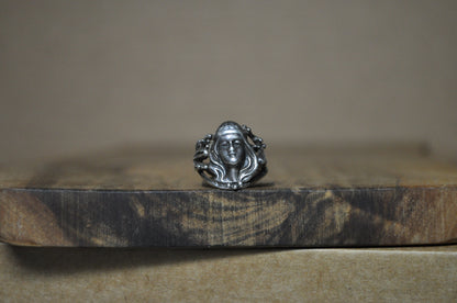 Art Nouveau Style Woman's Face Ring - Size 4.5 - Tested Sterling Silver - Soldered Jewelry