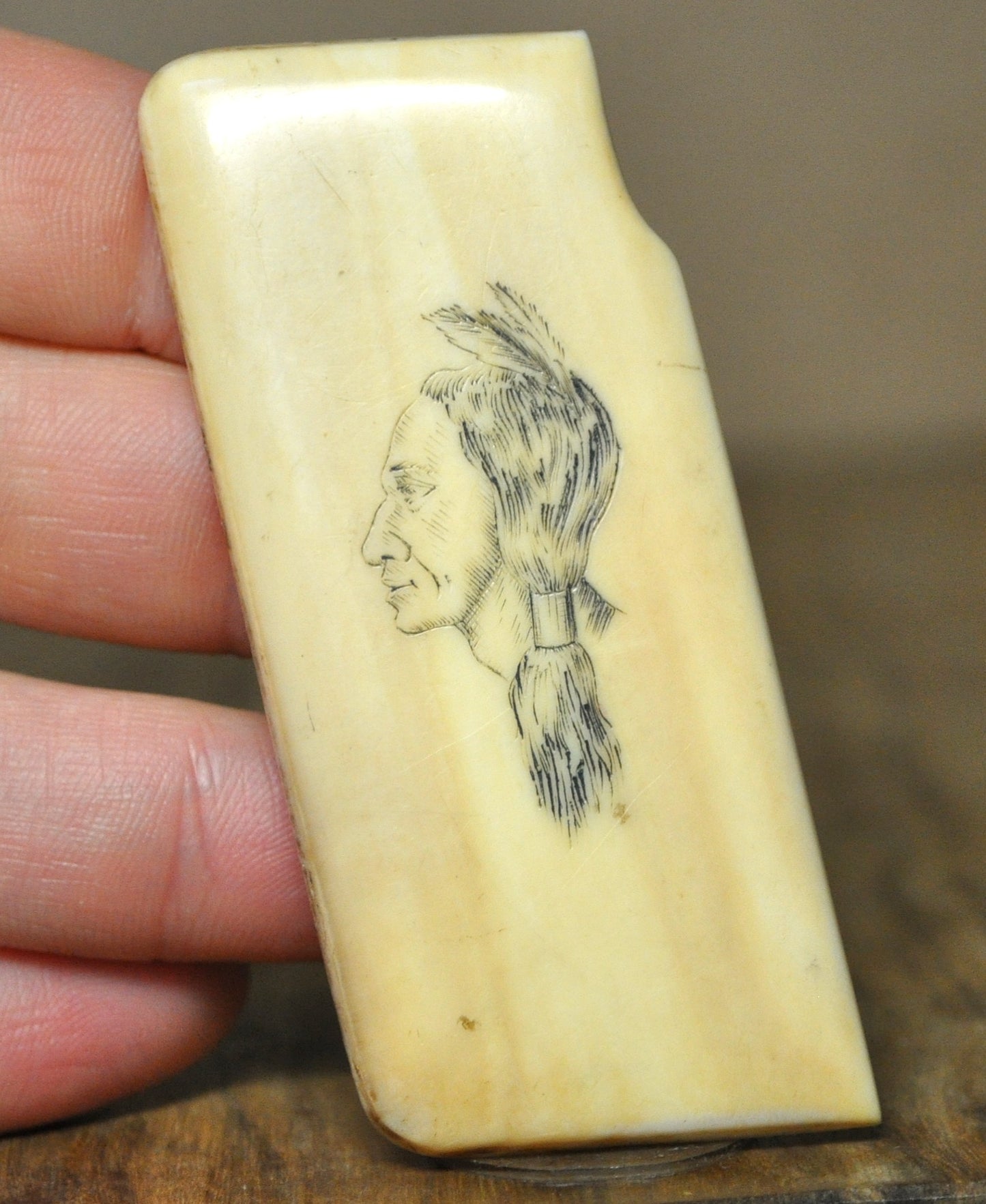 Antique Pistol Grips Featuring Native American Profile Made From Bone - Vintage Native American Design Scrimshaw-Style Engraving Pistol Grips