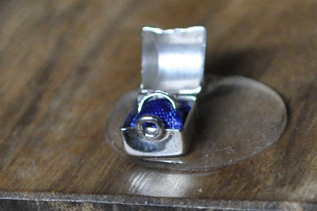 Tiny Articulated Engagement Ring with Box Charm - Stamped and Tested Sterling Silver - Wells Sterling - Blue Velvet Cloth