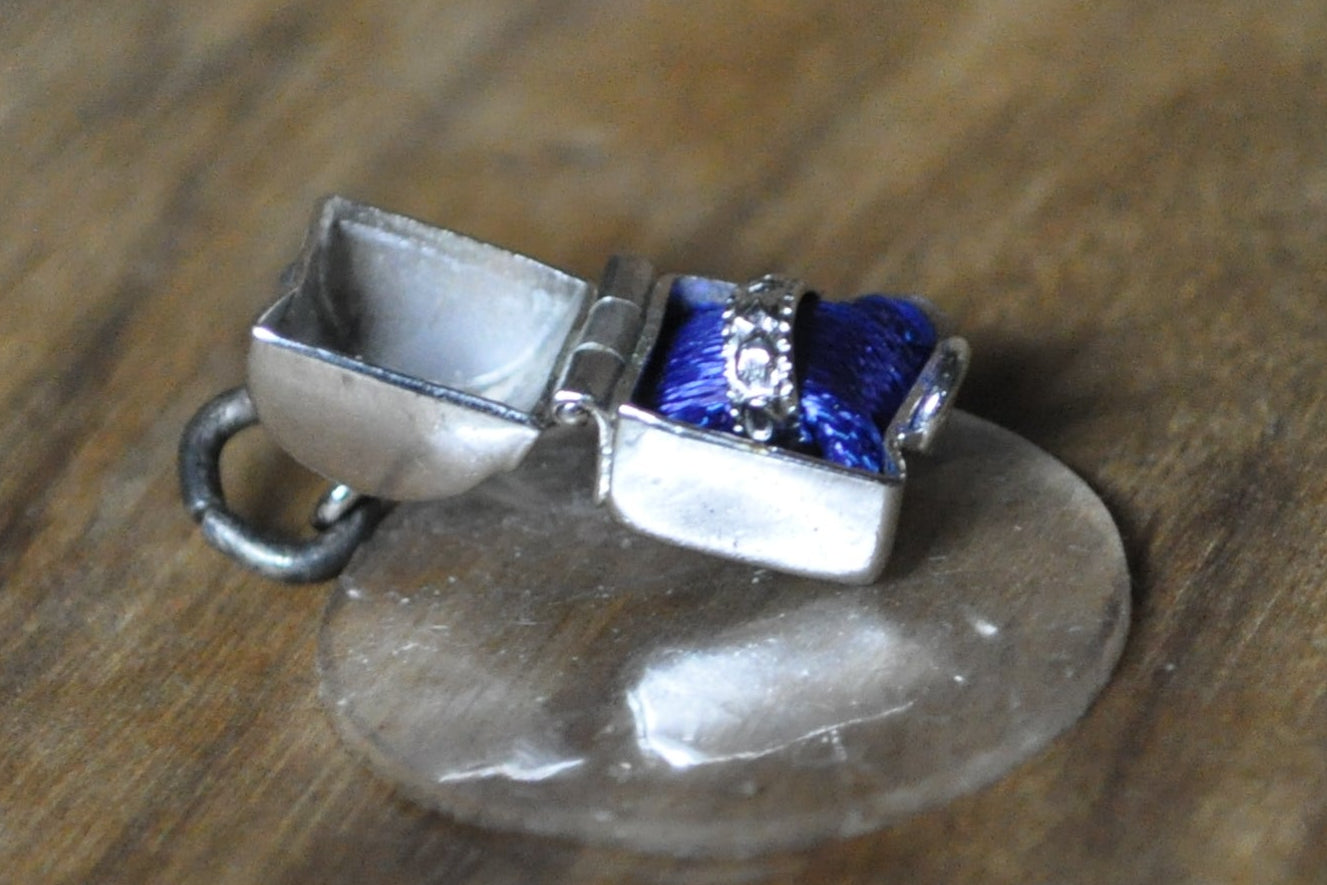 Tiny Articulated Engagement Ring with Box Charm - Stamped and Tested Sterling Silver - Wells Sterling - Blue Velvet Cloth