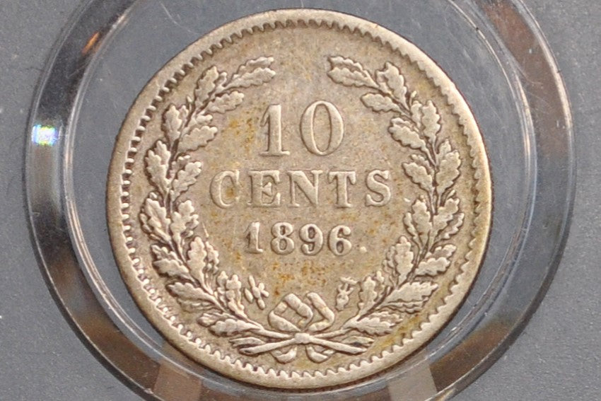 Rare 1896 Silver Netherlands 10 Cent Coin - Fine+ Grade / Condition - Lower Mintage Date