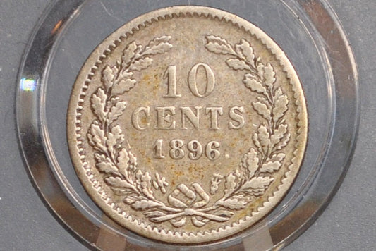 Rare 1896 Silver Netherlands 10 Cent Coin - Fine+ Grade / Condition - Lower Mintage Date