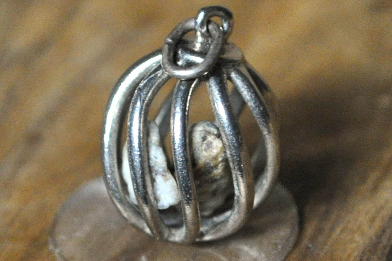 Sterling Silver Curvy Cage with Rocks Charm - Stamped and Tested Sterling Silver - Unique Charm
