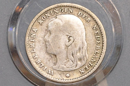 Rare 1896 Silver Netherlands 10 Cent Coin - Fine+ Grade / Condition - Lower Mintage Date