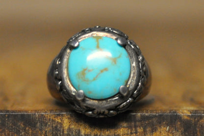 Silver Turquoise Floral Bezel Ring - Size 6.5 - Stamped and Tested Sterling Silver - Stunning Native Jewelry
