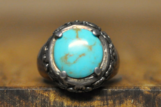 Silver Turquoise Floral Bezel Ring - Size 6.5 - Stamped and Tested Sterling Silver - Stunning Native Jewelry