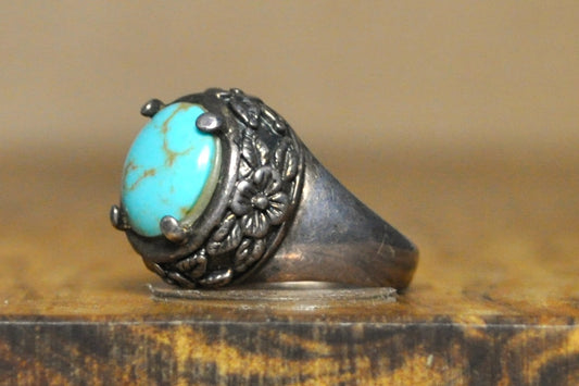 Silver Turquoise Floral Bezel Ring - Size 6.5 - Stamped and Tested Sterling Silver - Stunning Native Jewelry