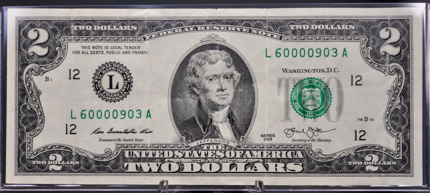 2013 2 Dollar Federal Reserve Fancy Serial Number Note - 60000903 - San Francisco (L) - 2013 Two Dollar Repeating Serial Note - Fr.1940-L