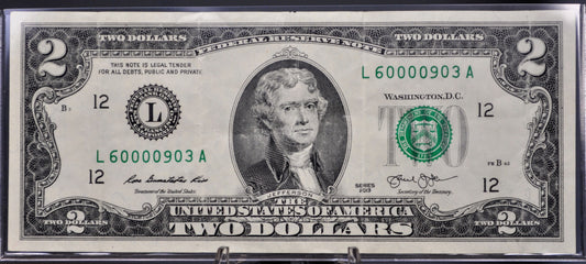 2013 2 Dollar Federal Reserve Fancy Serial Number Note - 60000903 - San Francisco (L) - 2013 Two Dollar Repeating Serial Note - Fr.1940-L