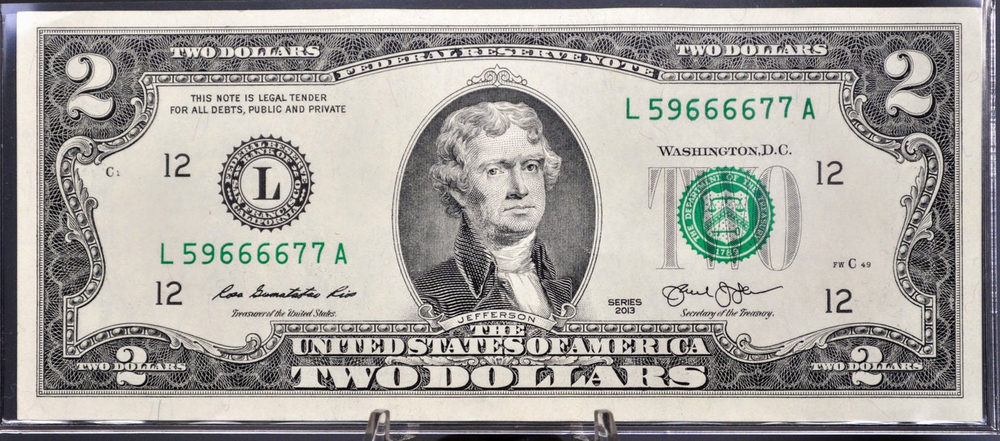 2013 2 Dollar Federal Reserve Fancy Serial Number Note - 59666677 - San Francisco (L) - 2013 Two Dollar Repeating Serial Note - Fr.1940-L