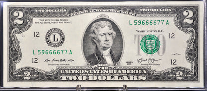 2013 2 Dollar Federal Reserve Fancy Serial Number Note - 59666677 - San Francisco (L) - 2013 Two Dollar Repeating Serial Note - Fr.1940-L