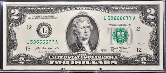 2013 2 Dollar Federal Reserve Fancy Serial Number Note - 59666677 - San Francisco (L) - 2013 Two Dollar Repeating Serial Note - Fr.1940-L