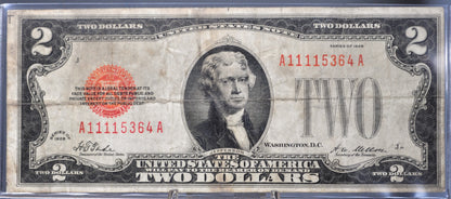 1928 Fancy Quad Repeating Serial Number 2 Dollar Banknote - 11115364 - U.S. Legal Tender - 1928 Two Dollar Red Fancy Serial Note - Fr.1501