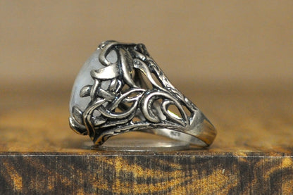 Didae Floral Scrollwork Rainbow Moonstone Silver Ring - Size 8 - Stamped and Tested Sterling Silver - Intricate Scrollwork - Israeli Jewelry