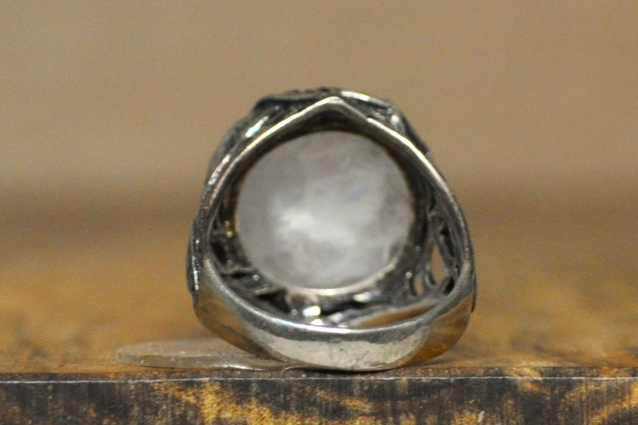 Didae Floral Scrollwork Rainbow Moonstone Silver Ring - Size 8 - Stamped and Tested Sterling Silver - Intricate Scrollwork - Israeli Jewelry