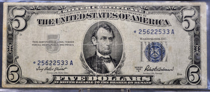 1953A Fancy Serial Number 5 Dollar Star Note Silver Cert - *25622533 - 1953-A Blue Seal Five Dollars Star Note Fancy Serial - Fr.1656*