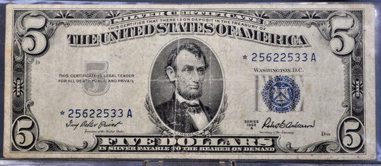 1953A Fancy Serial Number 5 Dollar Star Note Silver Cert - *25622533 - 1953-A Blue Seal Five Dollars Star Note Fancy Serial - Fr.1656*