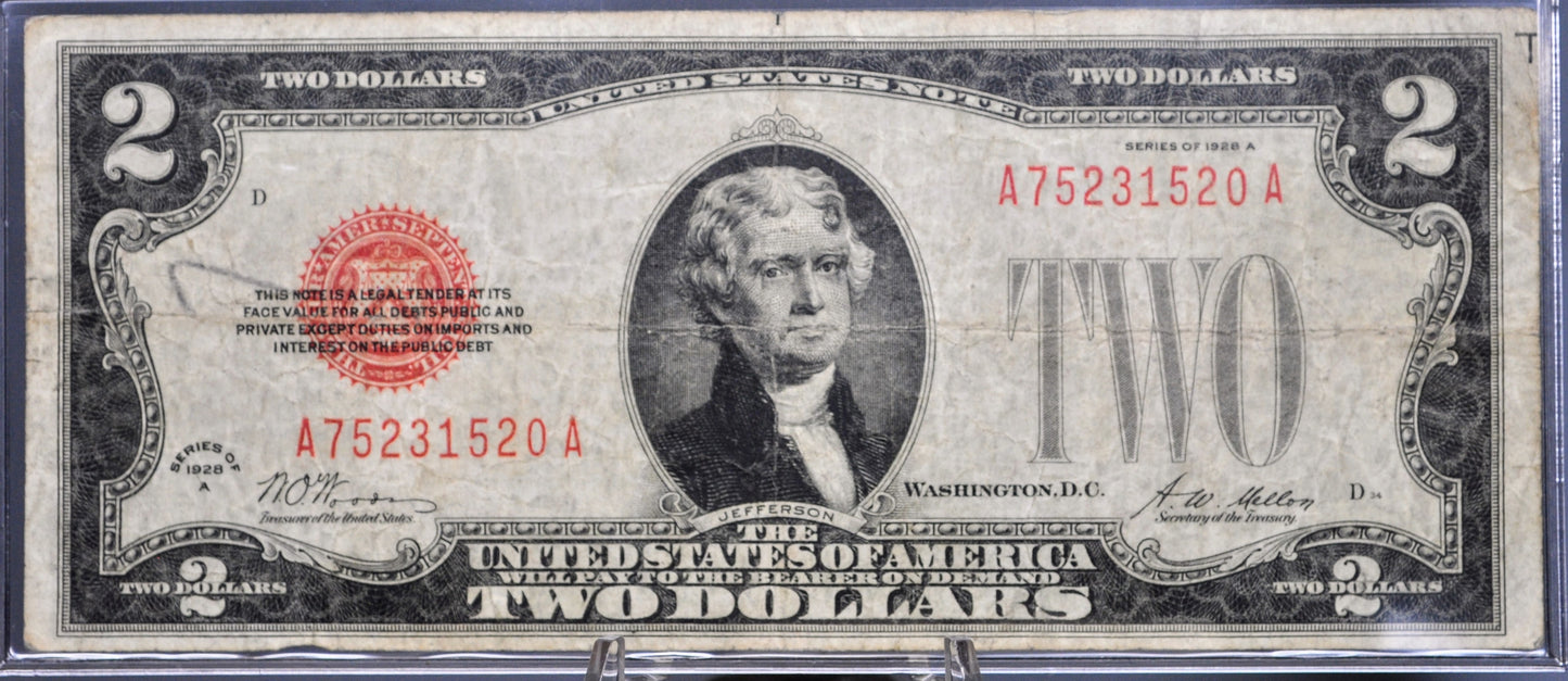 1928A Legal Tender 2 Dollar Rarer Series Note - F (Fine) Grade - A-A Block - 1928-A Two Dollar Red Seal Banknote - Fr#1502