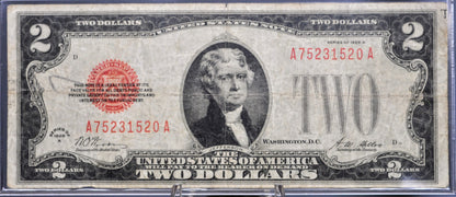 1928A Legal Tender 2 Dollar Rarer Series Note - F (Fine) Grade - A-A Block - 1928-A Two Dollar Red Seal Banknote - Fr#1502