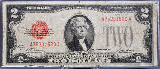1928A Legal Tender 2 Dollar Rarer Series Note - F (Fine) Grade - A-A Block - 1928-A Two Dollar Red Seal Banknote - Fr#1502