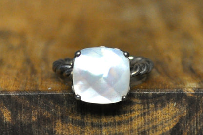 Pandora Mother of Pearl Twisted Rope Band Ring - Size 7 - Stamped and Tested Sterling Silver - Crown Filigree - Checkerboard Cut